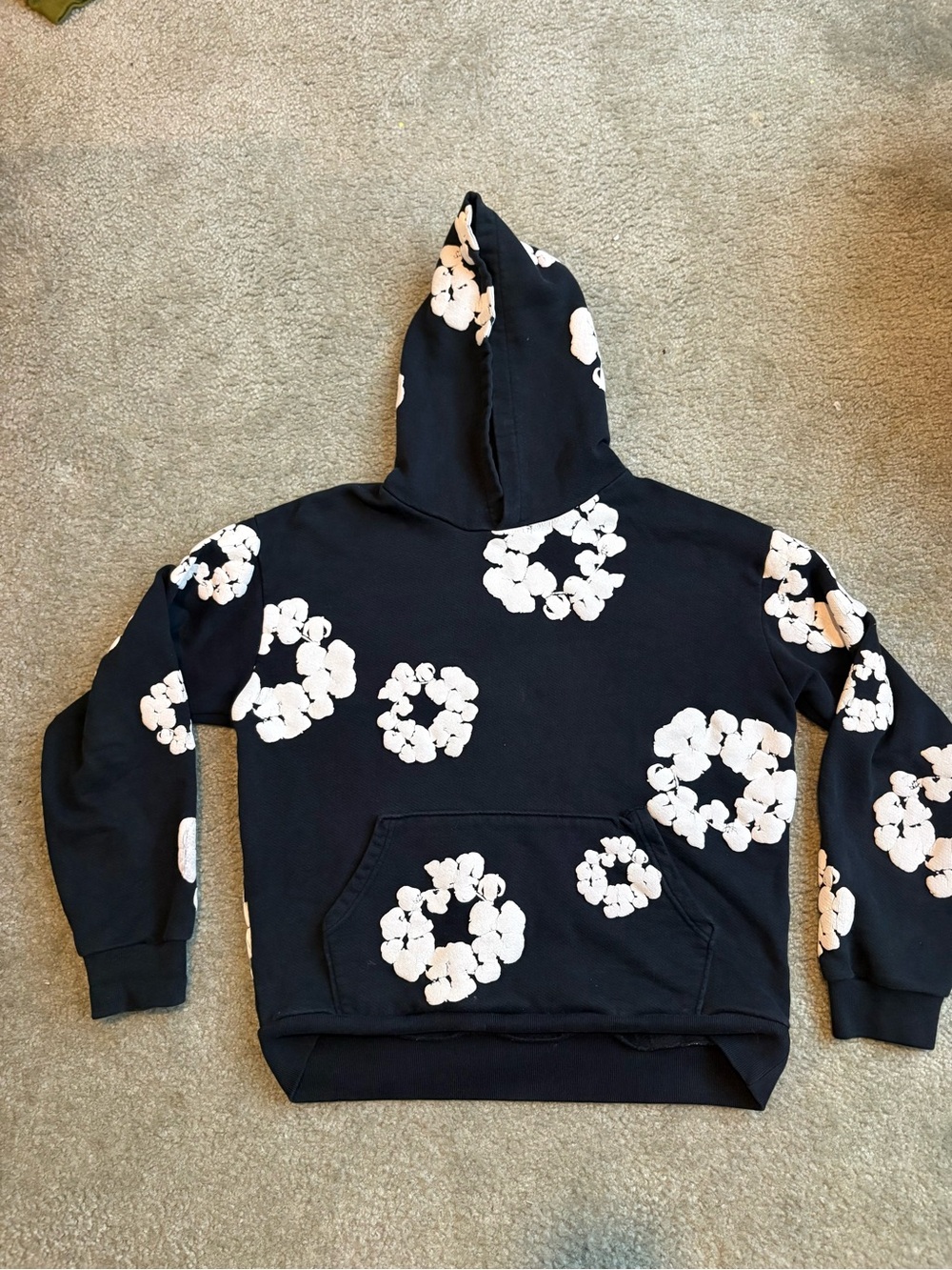 Black Hoodie Sweater with White Floral Clusters
